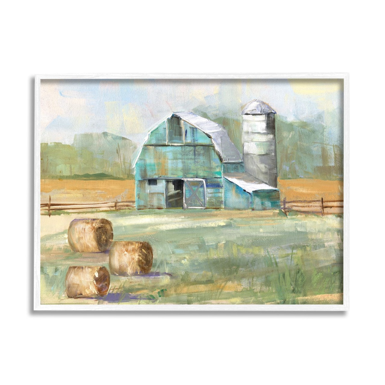 Stupell Industries Contemporary Blue Farm Barn Hay Bails Empty Field Framed Wall Art